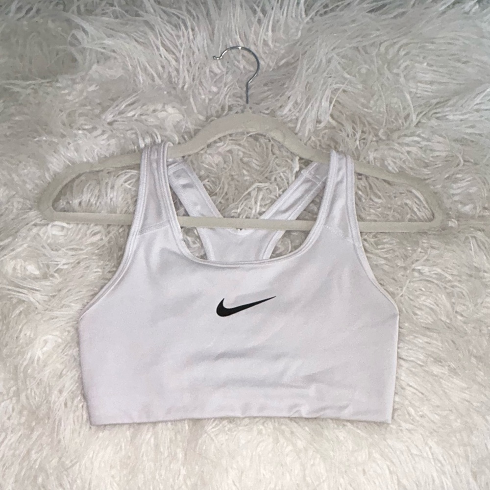 Women’s White Nike Sports Bra, Black Swoosh